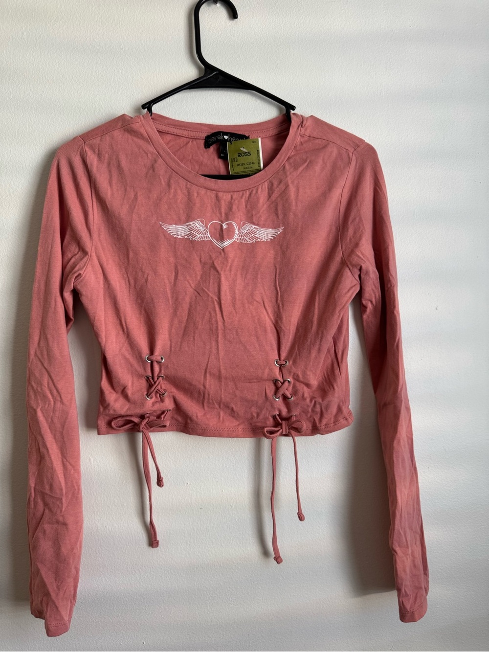 Dusty Rose Lace-Up Long Sleeve Crop Top with Winged Heart - Picture 1 of 2